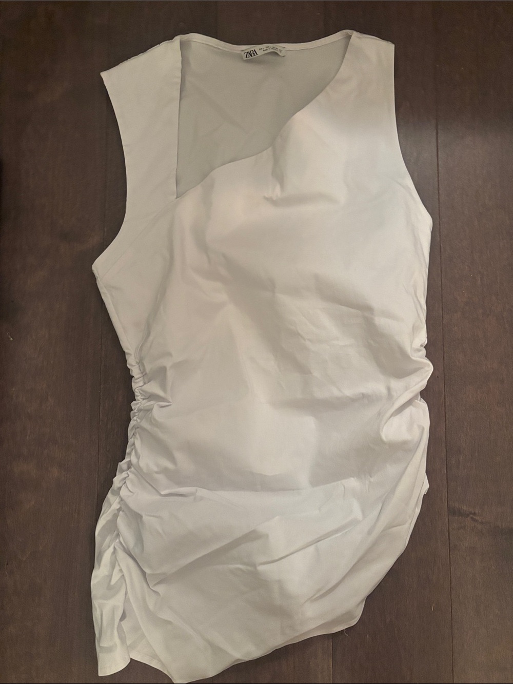 Zara White Asymmetric Ruched Tank Top